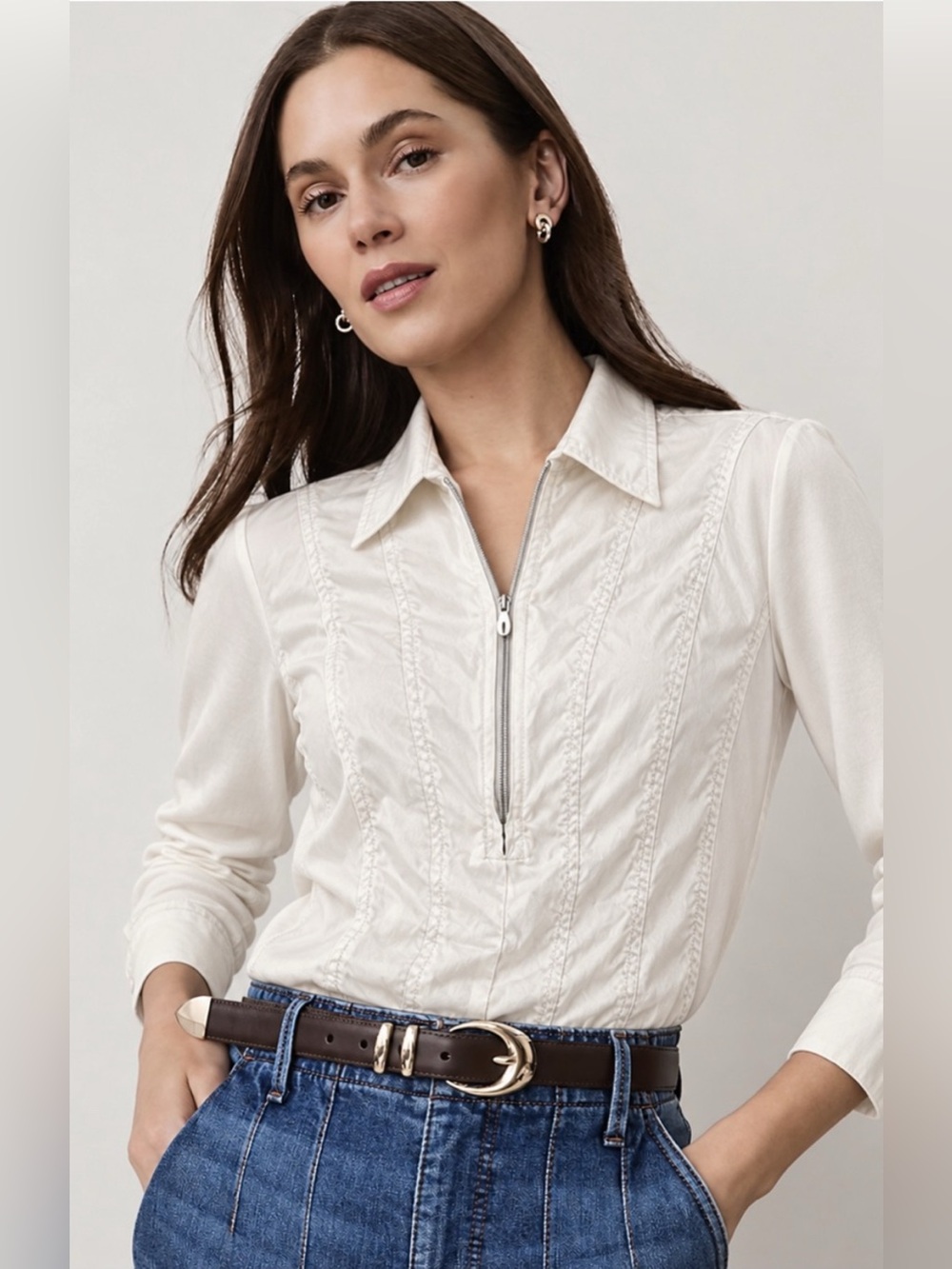 CAbi About Town Half Zip Top | Blouse | Shirt In Pale Gray Style Number 142